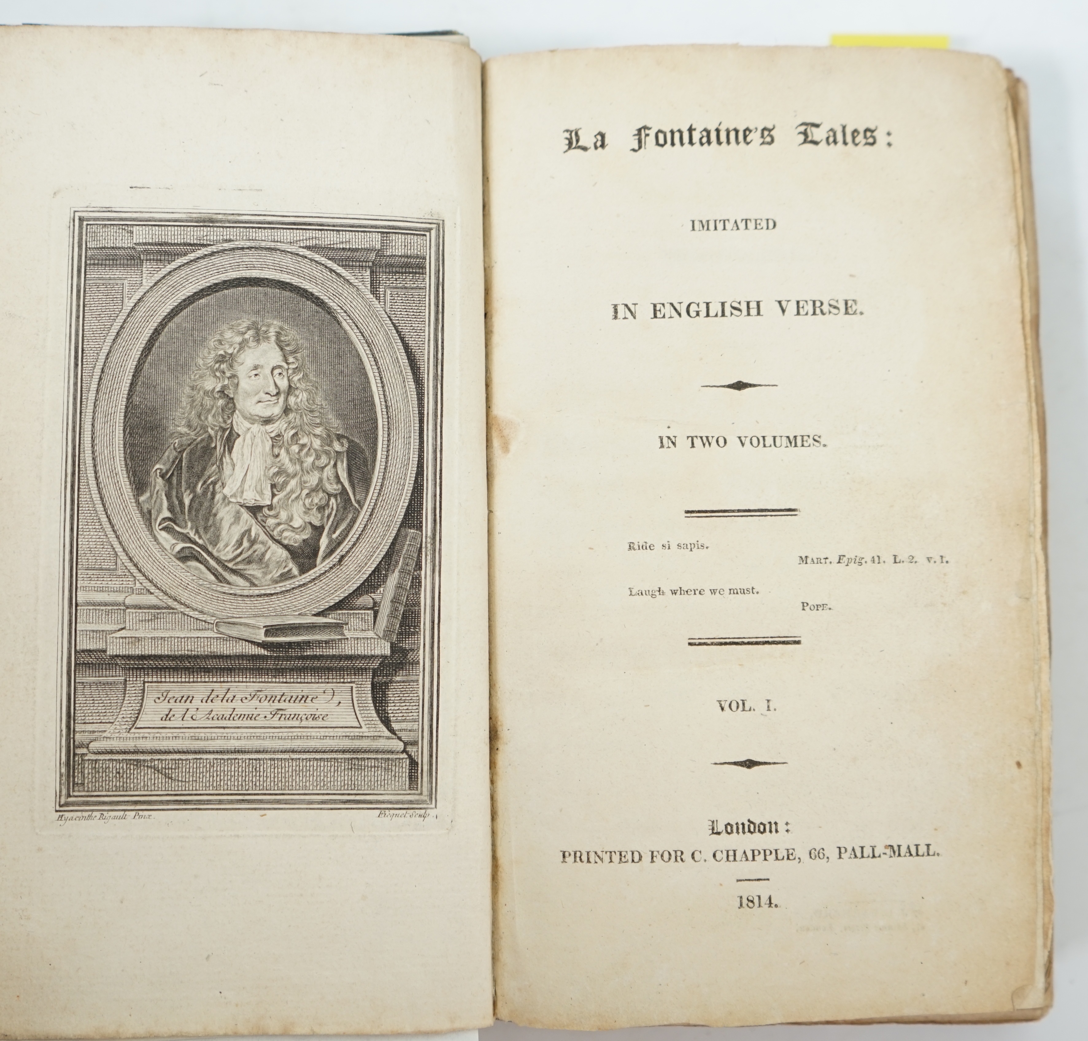 La Fontaine, Jean de - La Fontaine’s Tales: Imitated in English Verse, 2 vols, 12mo, half green morocco with blind stamped cloth boards, first complete edition in English, with engraved portrait frontispiece and extra il